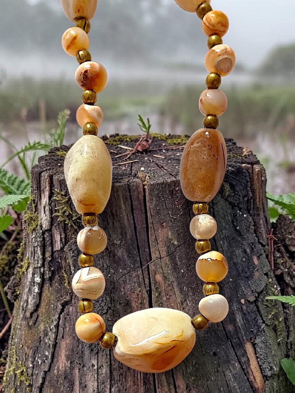 Vintage Beaded Jasper‎ Necklace Chunky Beige Brown Neutral Colors Polished 70s